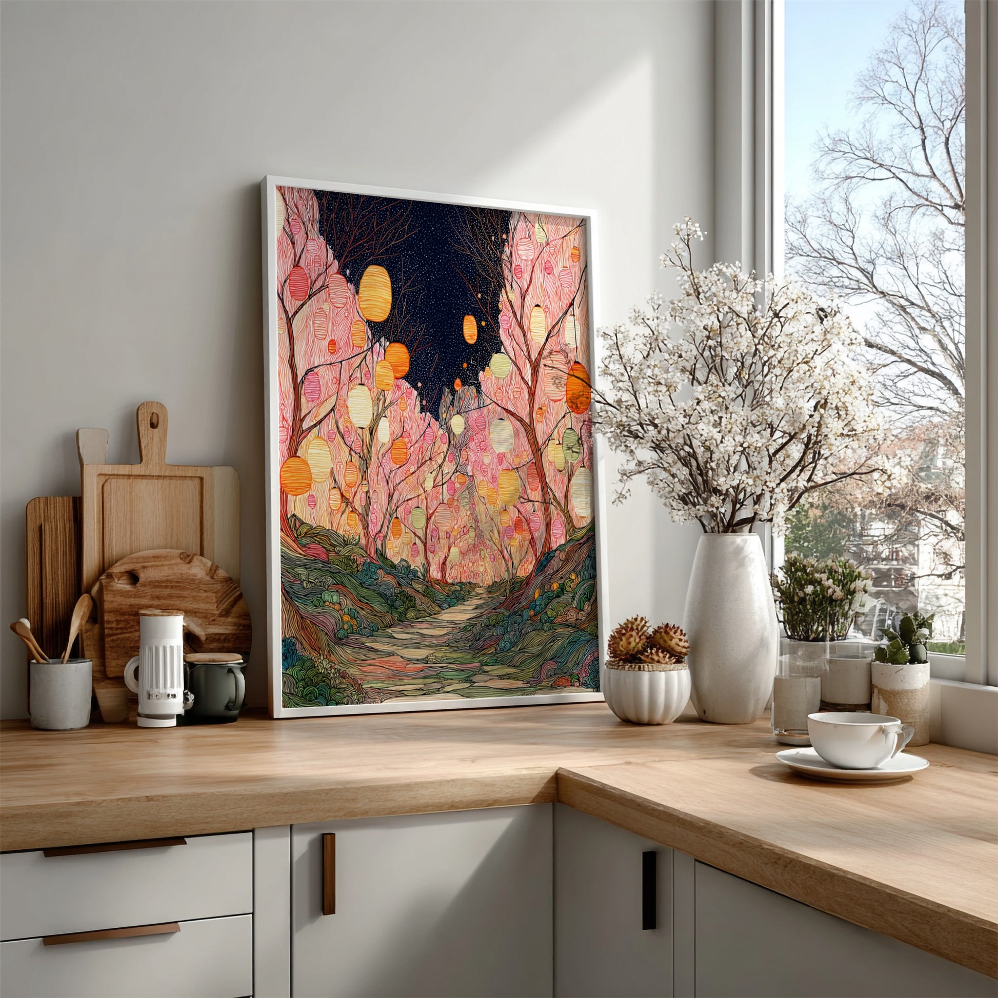 Blossom Tanuki Lantern wall art featuring a forest path lit by hanging lanterns.