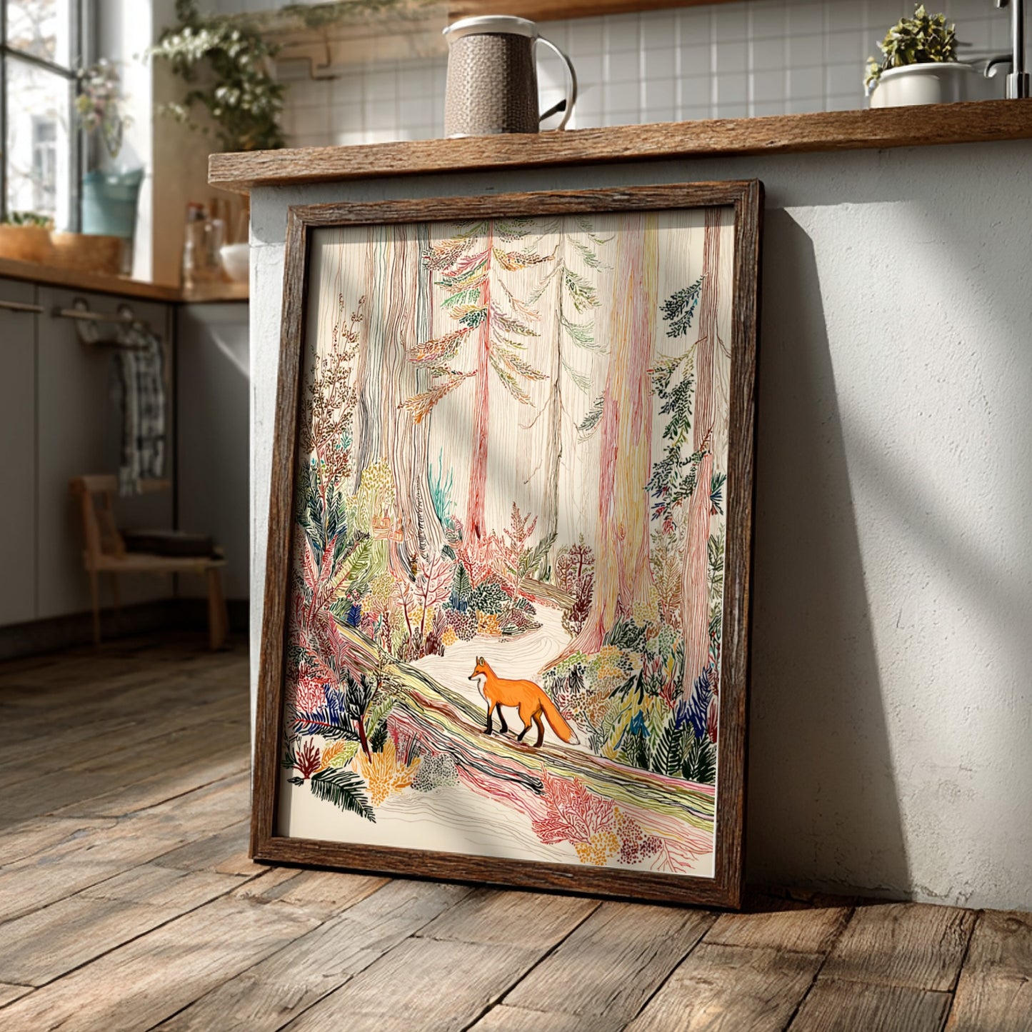 Cedar Fox Mist poster showing a fox walking on a log in a colorful forest.