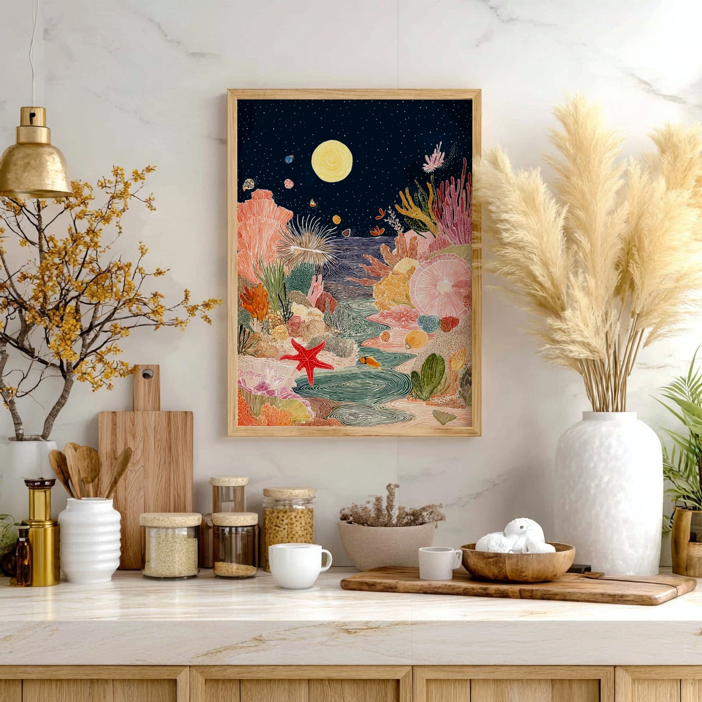 Tide Pool Midnight Blue wall art featuring a vibrant coral reef under a starry night sky with a moon