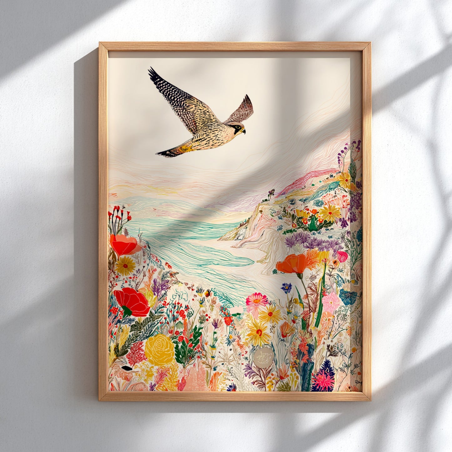 Clifftop Falcon Bloom poster featuring a falcon flying over a colorful floral cliffside and sea.