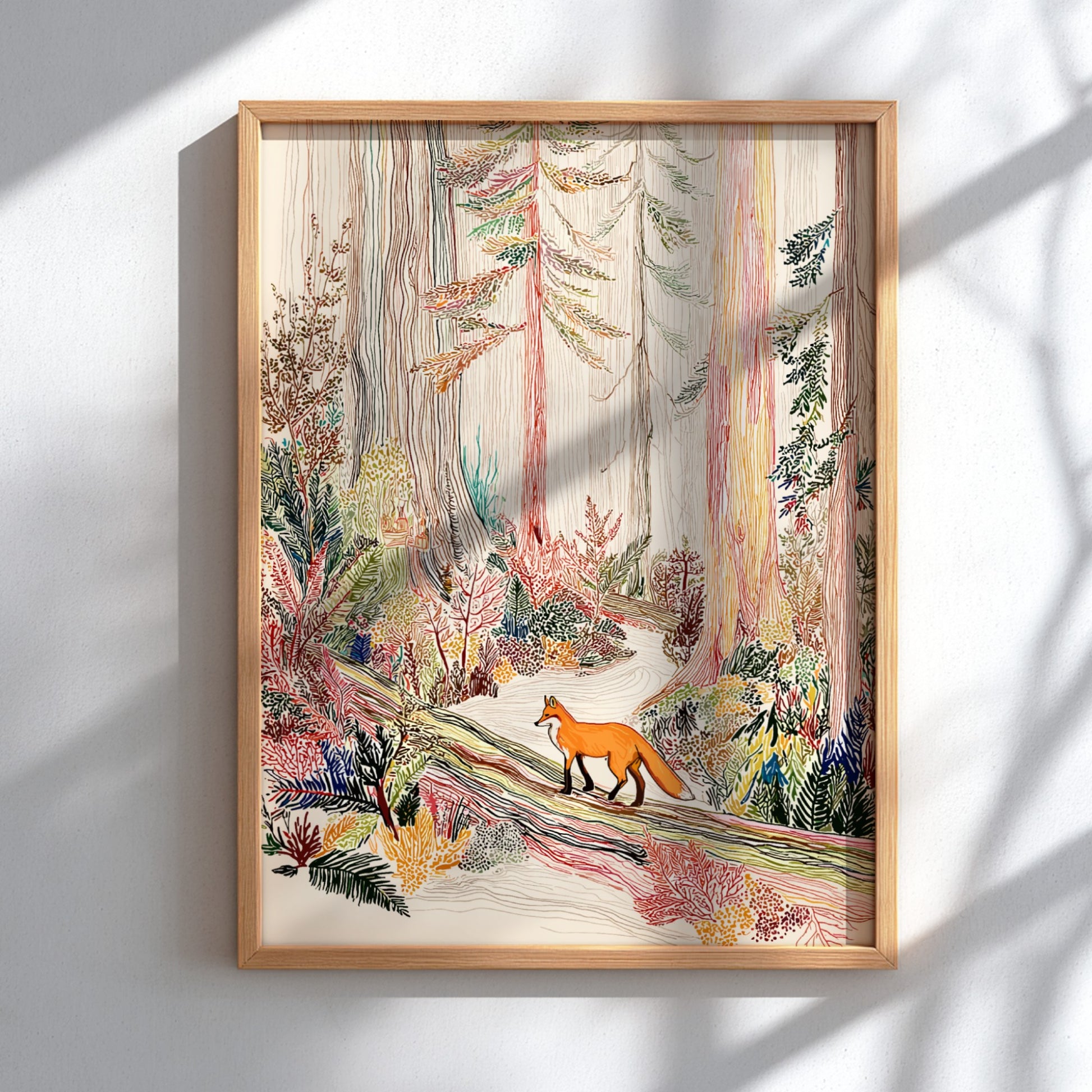 Cedar Fox Mist poster showing a fox walking on a log in a colorful forest.