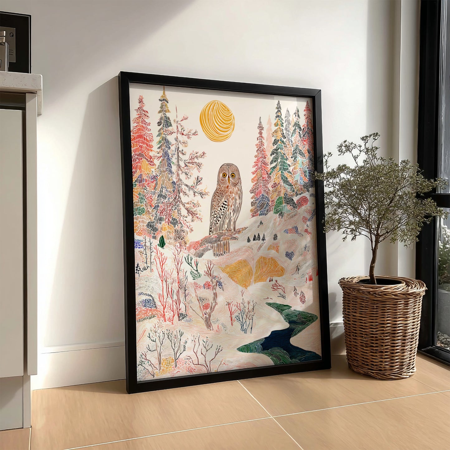 Pine Owl Indigo forest poster with an owl on a branch, stylized trees, and a winding river.