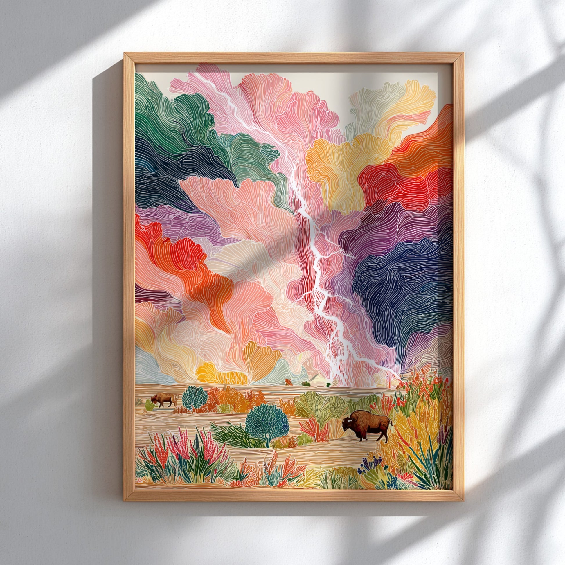 Prairie Bison Lightning poster featuring a colorful storm sky and a bison in a landscape.