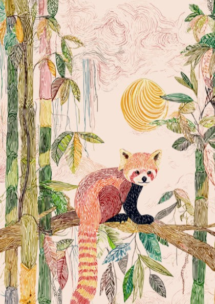 Red panda sitting on a branch in a bamboo forest with a soft sunrise, textured art print.