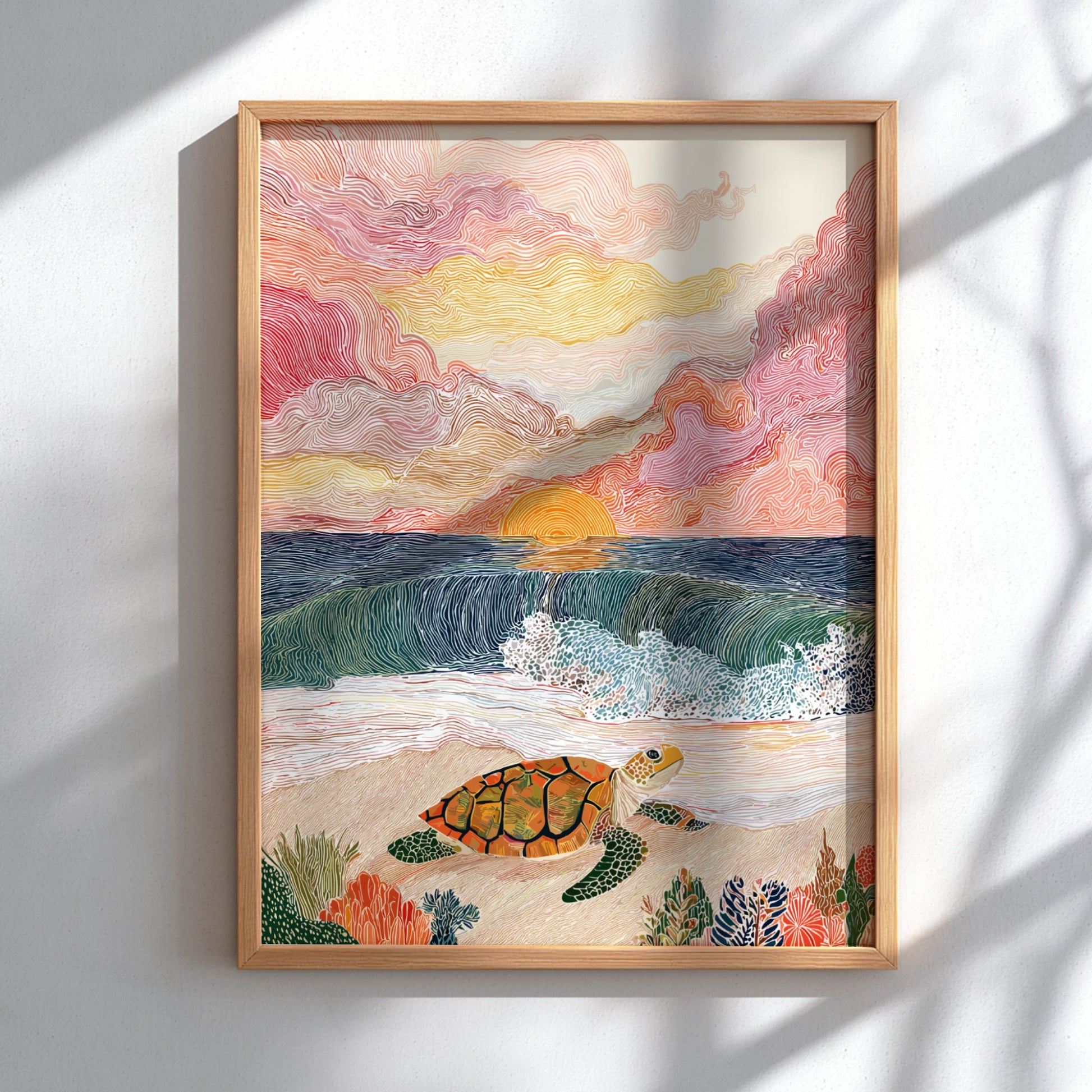 Poster of a sea turtle on a beach at sunrise, with colorful clouds and ocean waves.