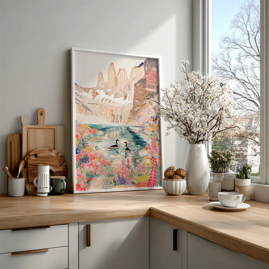 Glacier Loon Wildflower art print featuring loons on a lake with mountains and colorful wildflowers.