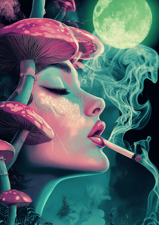 Trippy Smoking Woman Poster – Psychedelic Neon Wall Art for Alternative Decor
