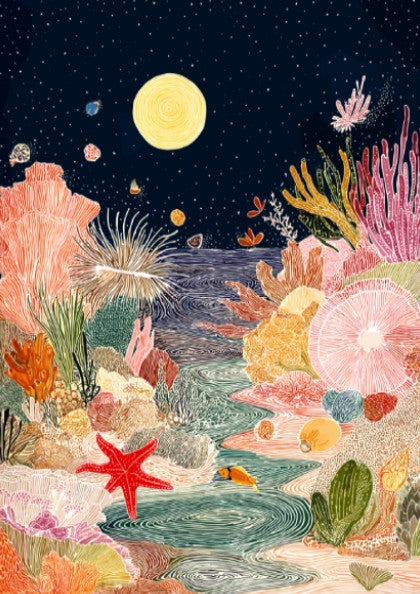 Tide Pool Midnight Blue wall art featuring a vibrant coral reef under a starry night sky with a moon