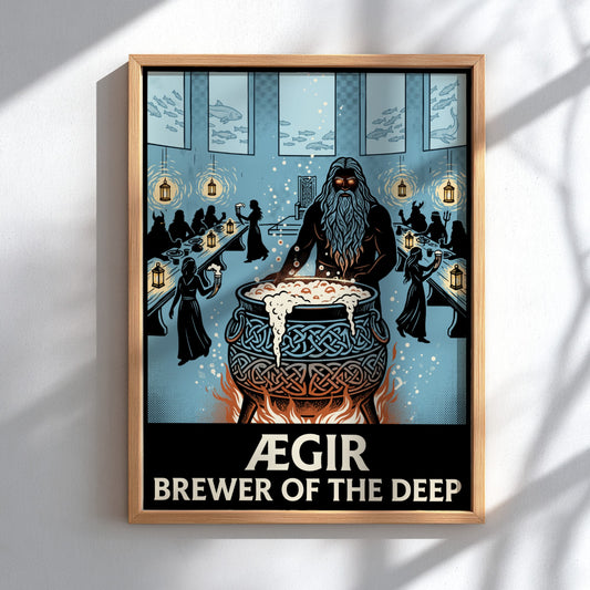Poster featuring Ægir the sea giant brewing ale in a blue underwater hall