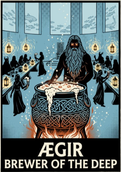 Poster featuring Ægir the sea giant brewing ale in a blue underwater hall