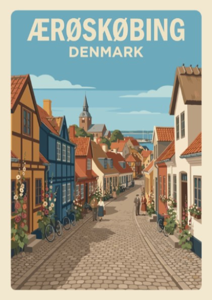 Poster of Ærøskøbing Denmark featuring colorful half-timbered houses on a quiet cobblestone street