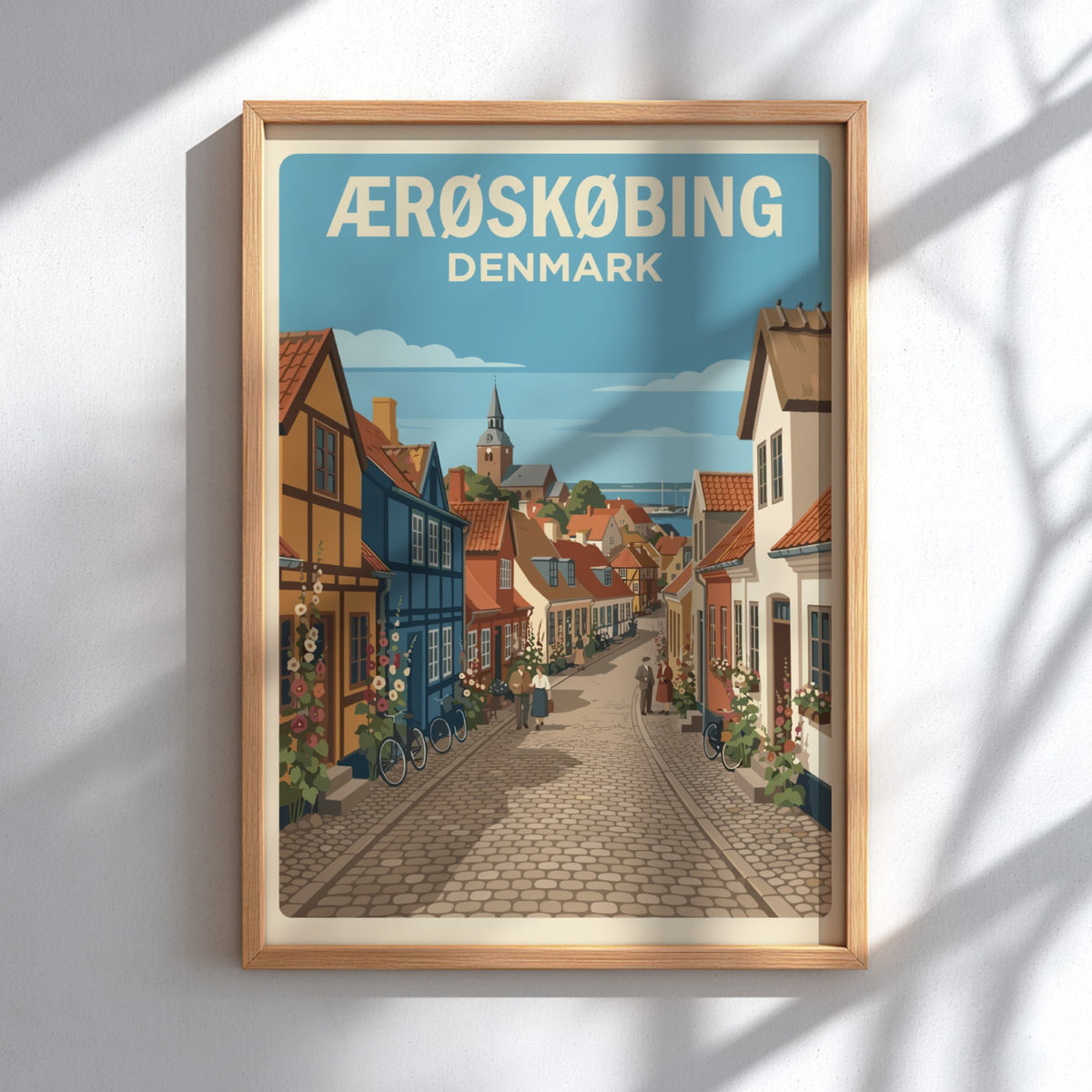 Poster of Ærøskøbing Denmark featuring colorful half-timbered houses on a quiet cobblestone street