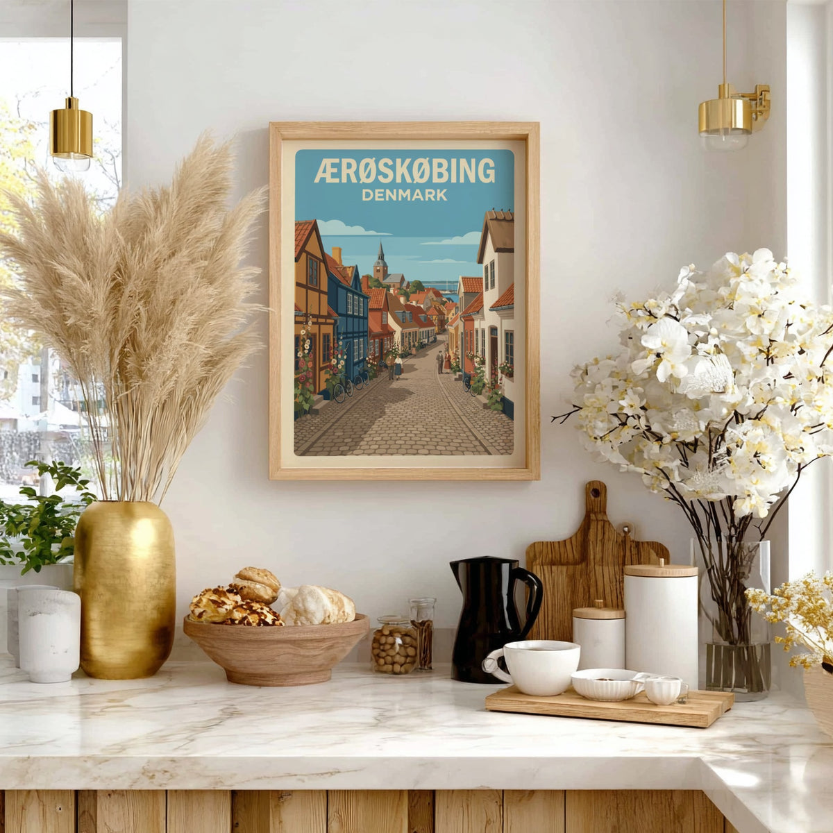 Poster of Ærøskøbing Denmark featuring colorful half-timbered houses on a quiet cobblestone street