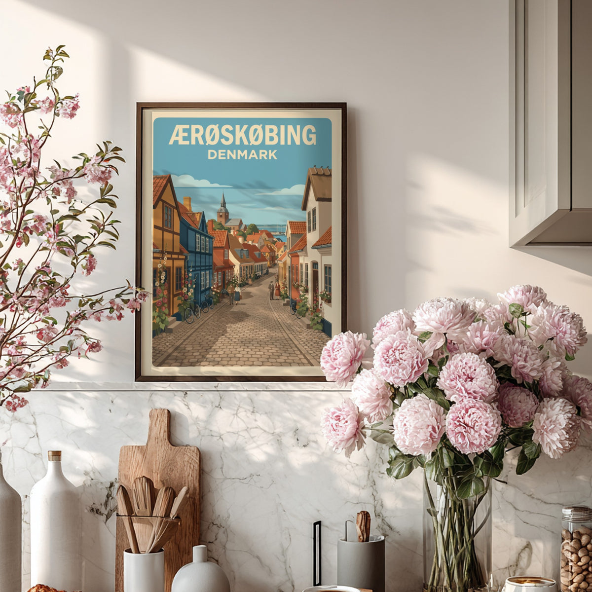 Poster of Ærøskøbing Denmark featuring colorful half-timbered houses on a quiet cobblestone street
