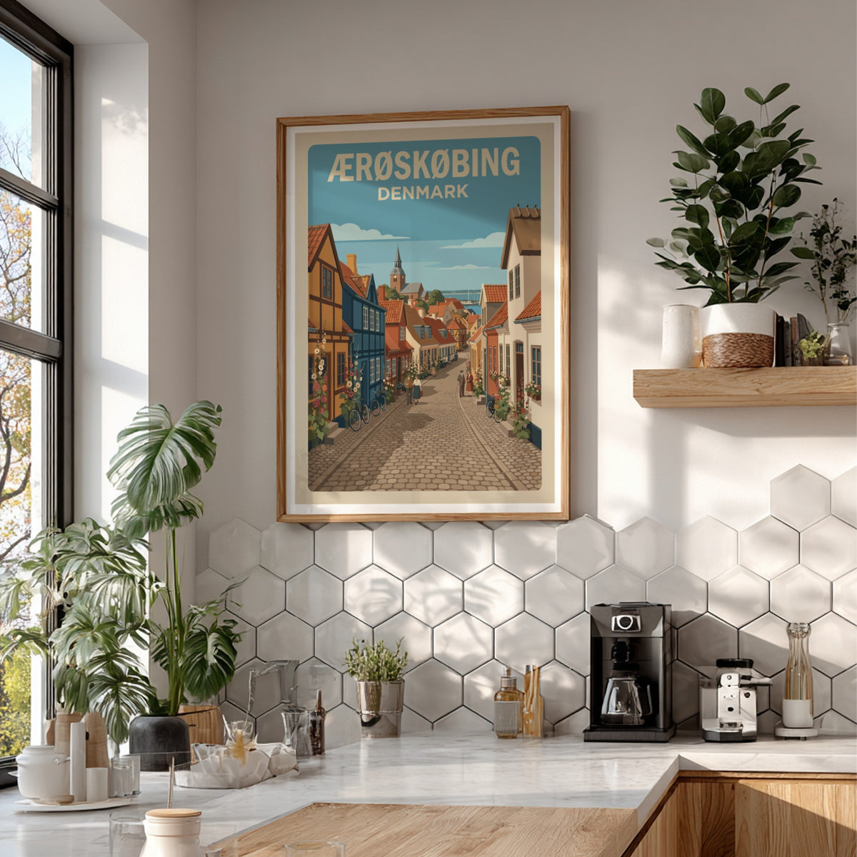 Poster of Ærøskøbing Denmark featuring colorful half-timbered houses on a quiet cobblestone street