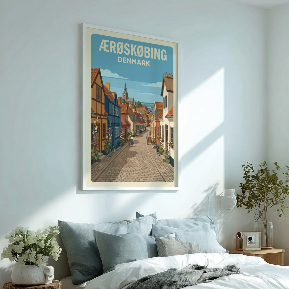 Poster of Ærøskøbing Denmark featuring colorful half-timbered houses on a quiet cobblestone street