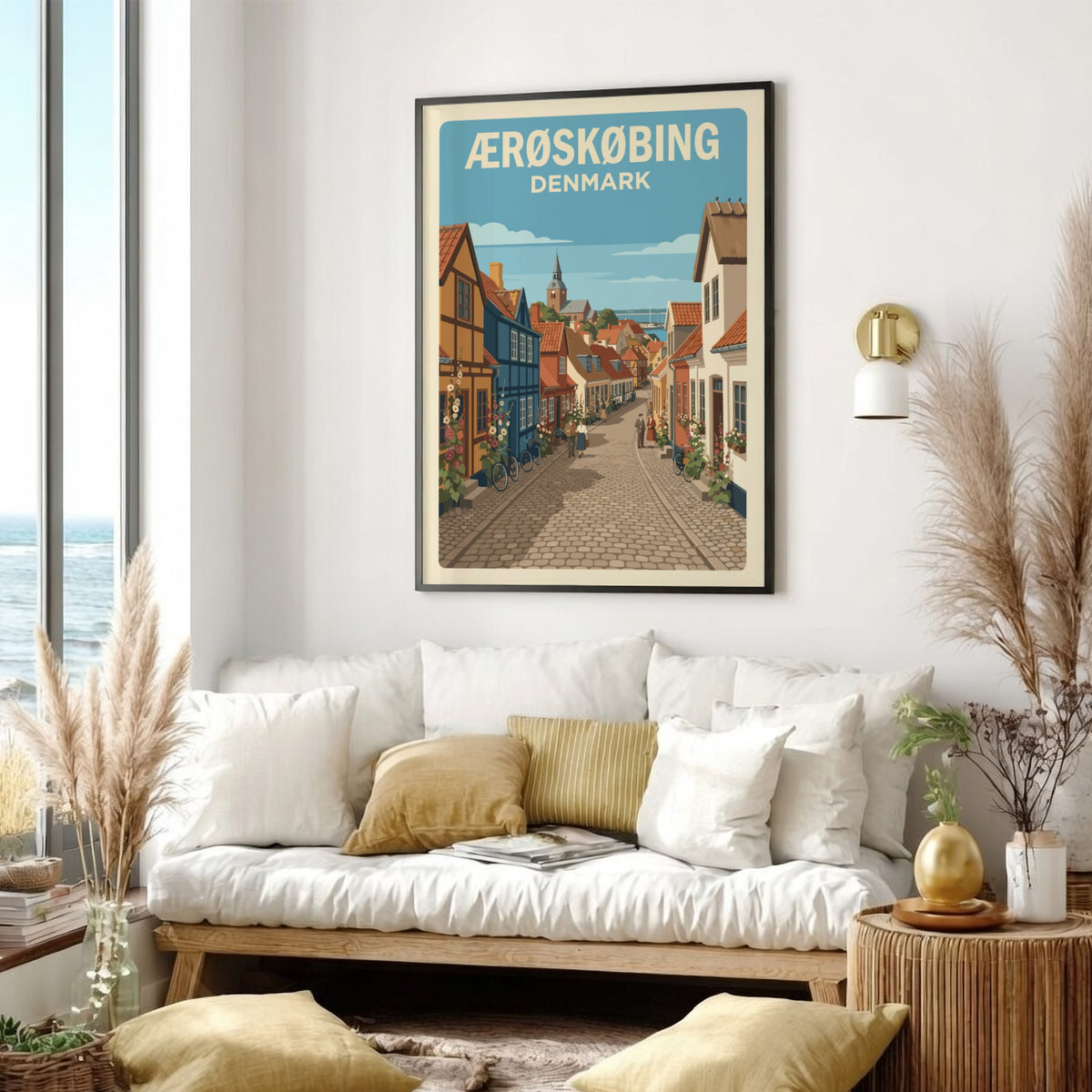 Poster of Ærøskøbing Denmark featuring colorful half-timbered houses on a quiet cobblestone street