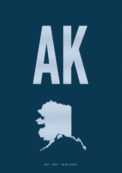 USA states poster featuring Alaska outline in blue and white, modern wall decor