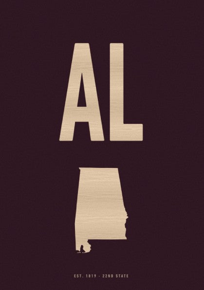 Alabama wall art poster featuring a minimalist burgundy design with bold typography, ideal for home decor.