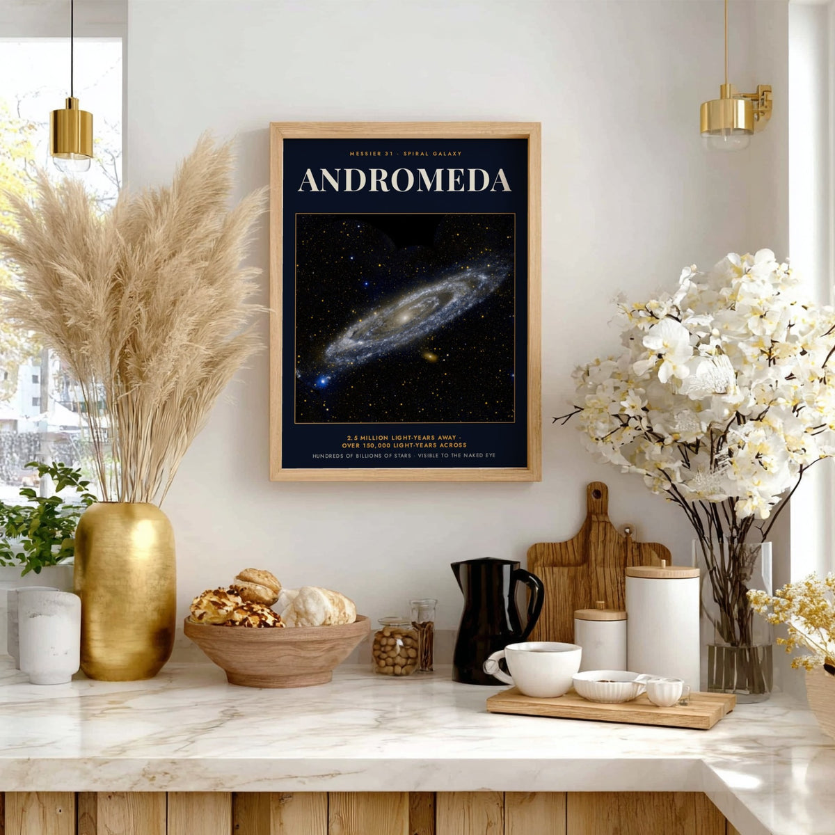 Poster featuring the Andromeda spiral galaxy with text Messier 31 on dark blue background