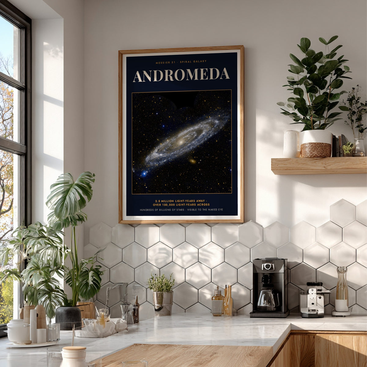 Poster featuring the Andromeda spiral galaxy with text Messier 31 on dark blue background
