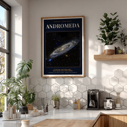Poster featuring the Andromeda spiral galaxy with text Messier 31 on dark blue background