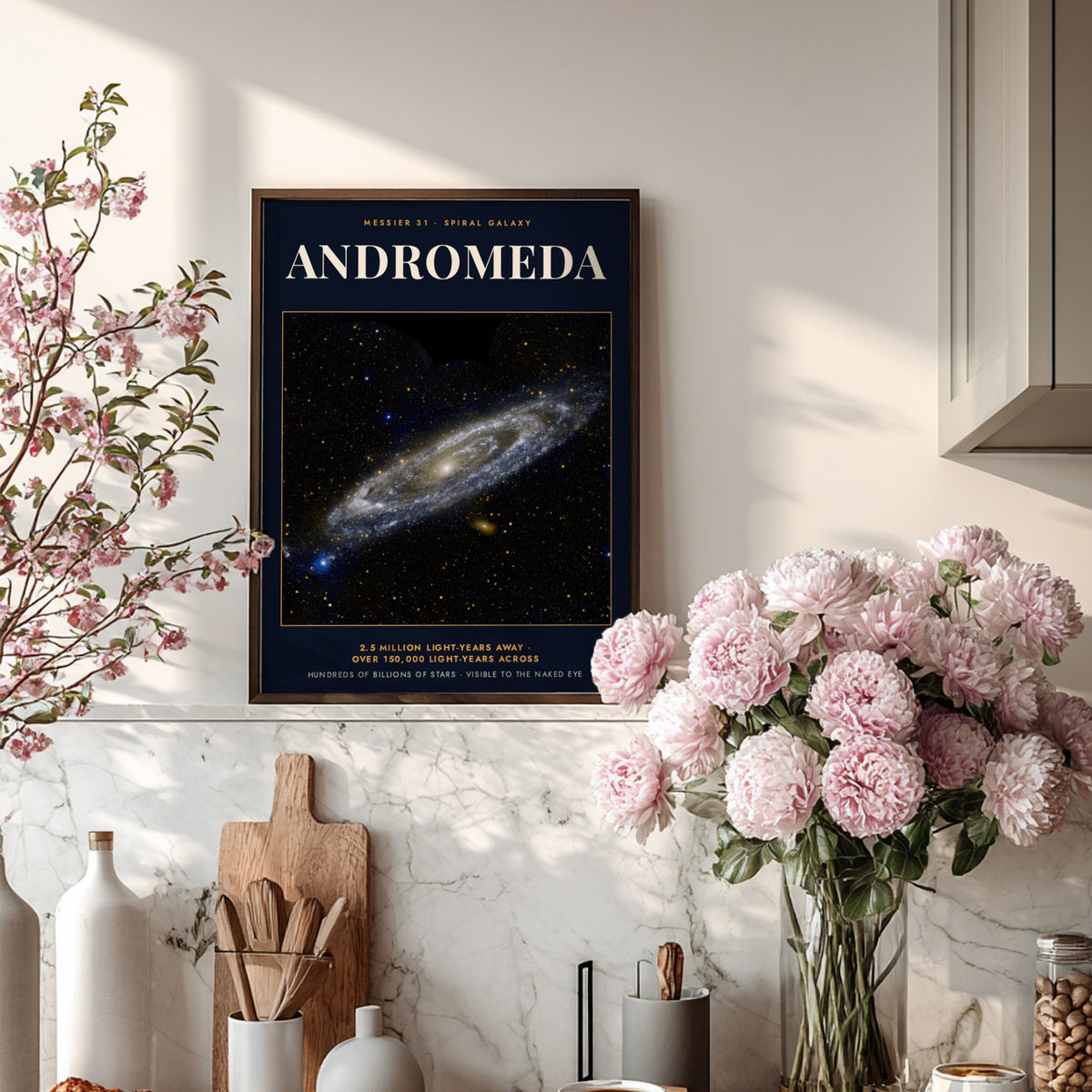 Poster featuring the Andromeda spiral galaxy with text Messier 31 on dark blue background