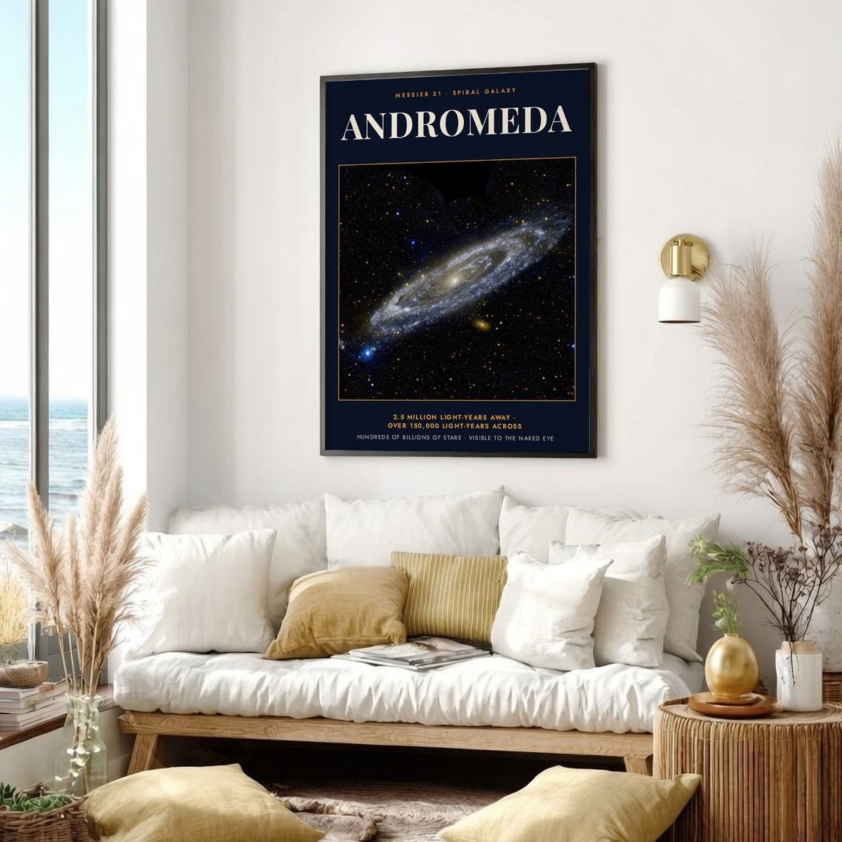 Poster featuring the Andromeda spiral galaxy with text Messier 31 on dark blue background