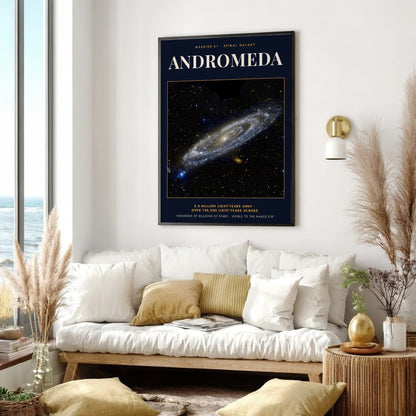 Poster featuring the Andromeda spiral galaxy with text Messier 31 on dark blue background