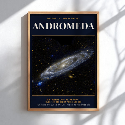 Poster featuring the Andromeda spiral galaxy with text Messier 31 on dark blue background