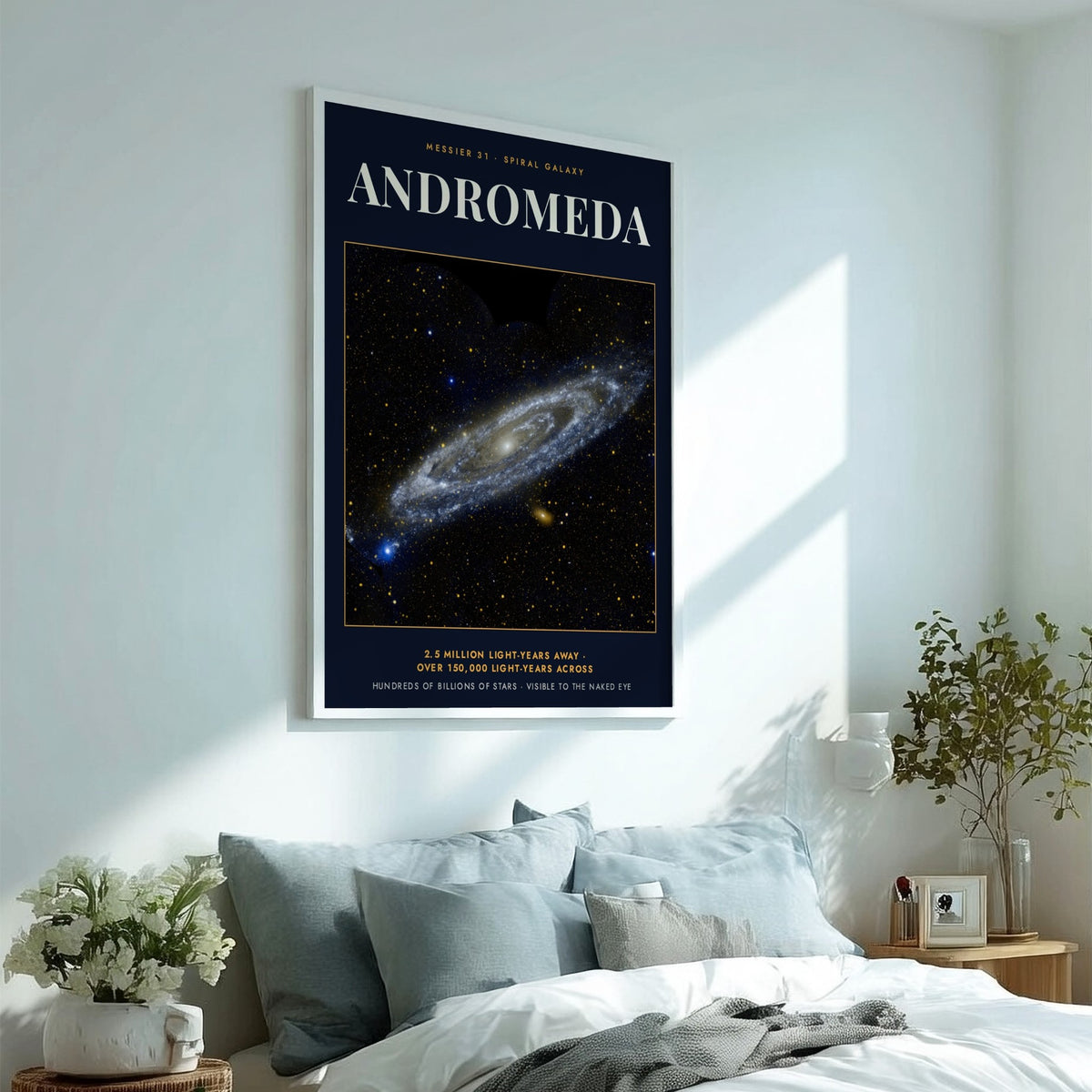 Poster featuring the Andromeda spiral galaxy with text Messier 31 on dark blue background