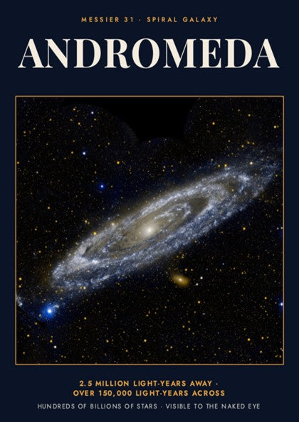 Poster featuring the Andromeda spiral galaxy with text Messier 31 on dark blue background