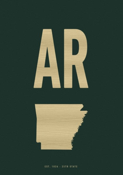 USA states poster featuring Arkansas in forest green with bold typography and state outline.