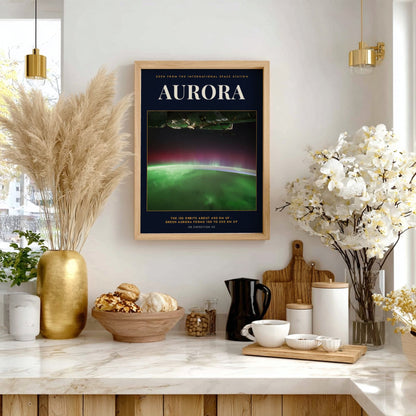 Poster featuring a vibrant green aurora glowing above the curved Earth from space view