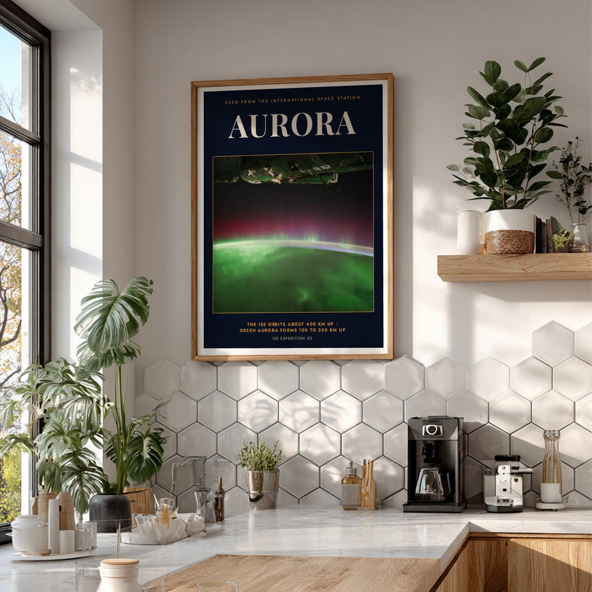 Poster featuring a vibrant green aurora glowing above the curved Earth from space view