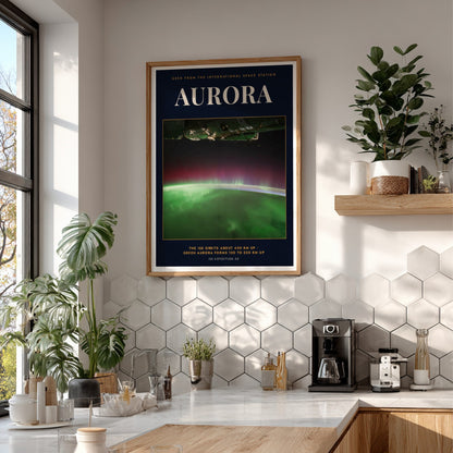 Poster featuring a vibrant green aurora glowing above the curved Earth from space view