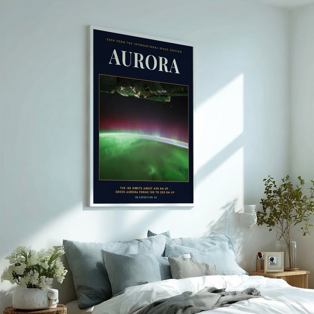 Poster featuring a vibrant green aurora glowing above the curved Earth from space view