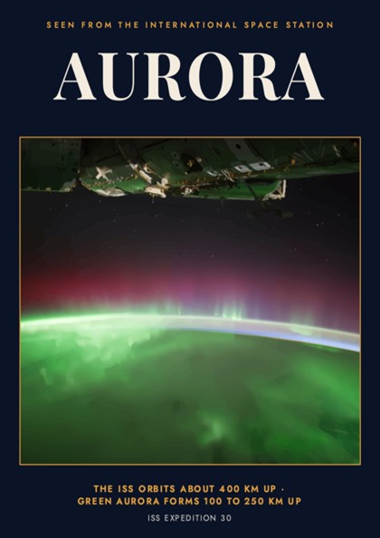 Poster featuring a vibrant green aurora glowing above the curved Earth from space view