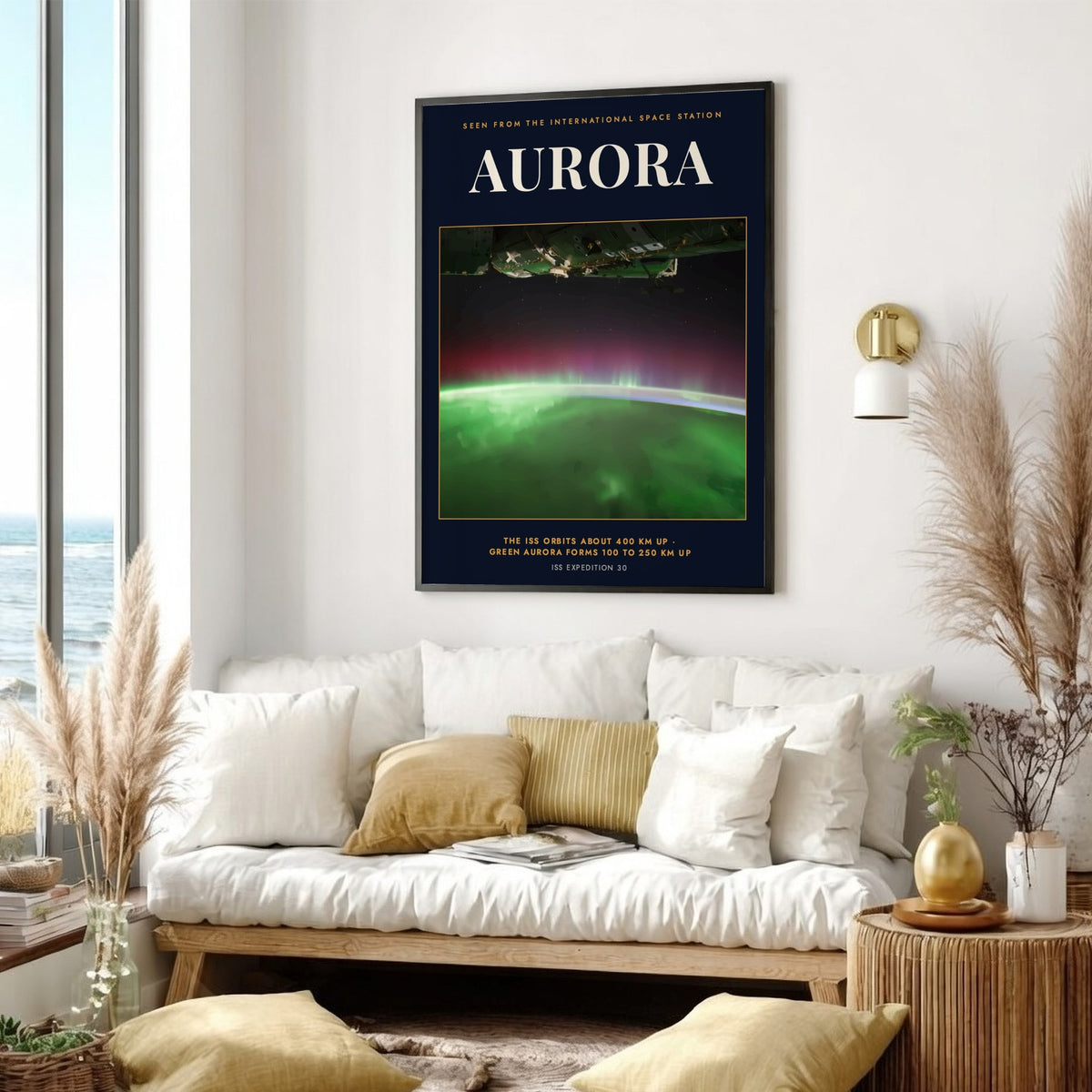 Poster featuring a vibrant green aurora glowing above the curved Earth from space view