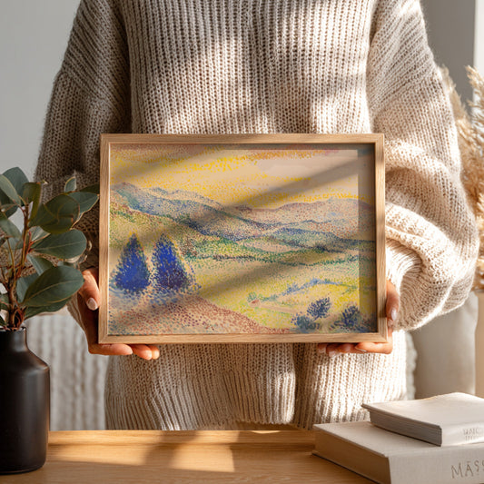 Pointillist drawing of a broad valley at sunset by Hippolyte Petitjean, featuring rolling hills and warm sky.