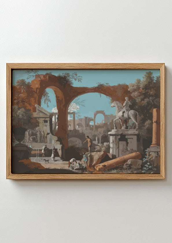Baroque print of Roman ruins by Marco Ricci, featuring arches, columns, and a statue on horseback.