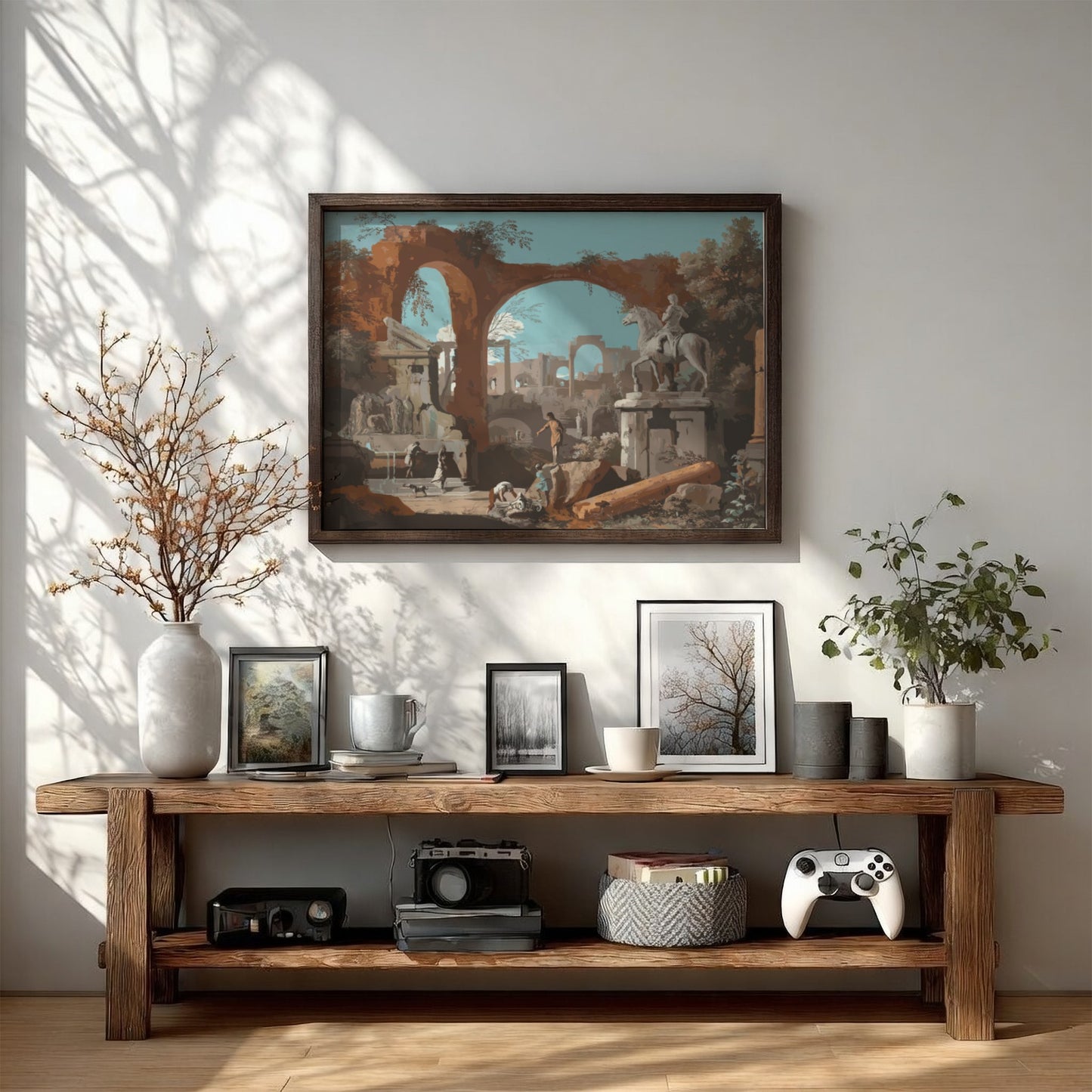 Baroque print of Roman ruins by Marco Ricci, featuring arches, columns, and a statue on horseback.