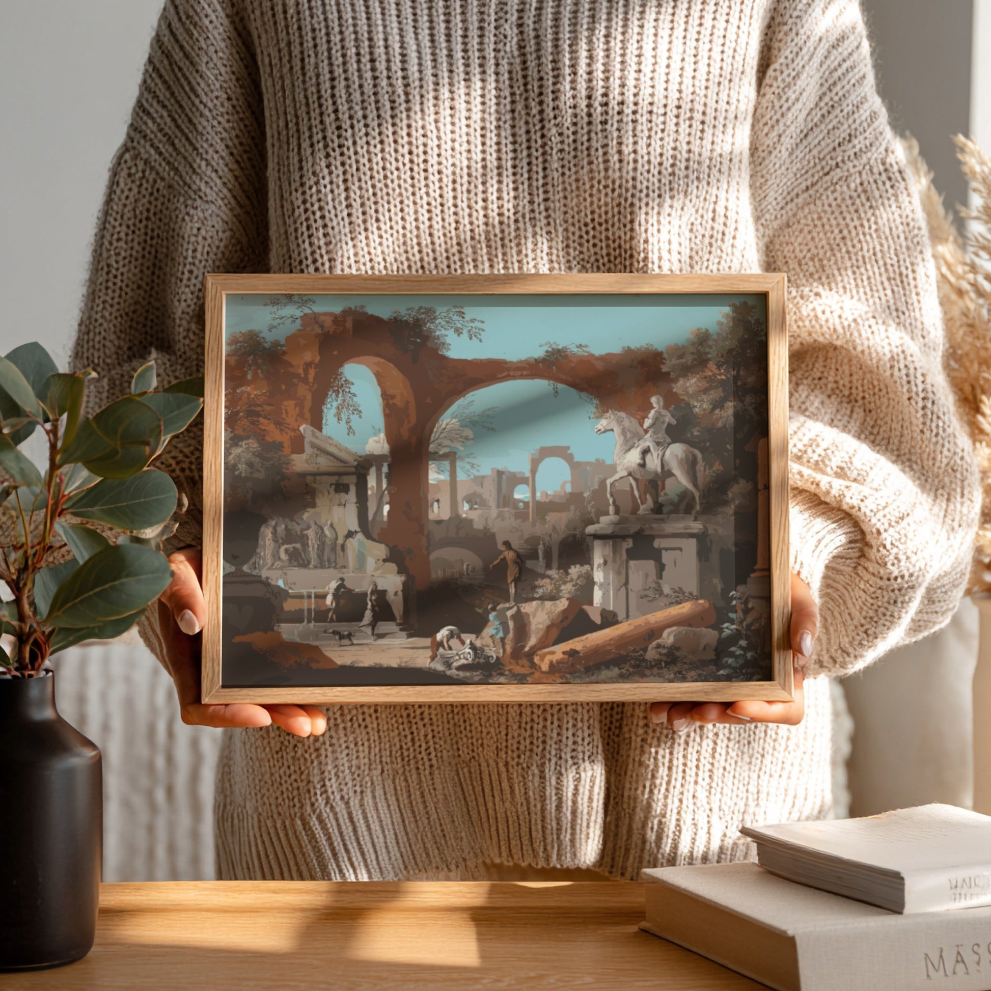 Baroque print of Roman ruins by Marco Ricci, featuring arches, columns, and a statue on horseback.