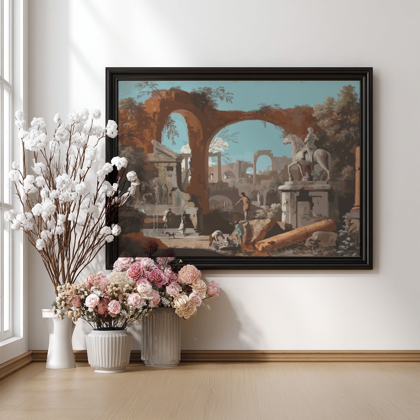 Baroque print of Roman ruins by Marco Ricci, featuring arches, columns, and a statue on horseback.