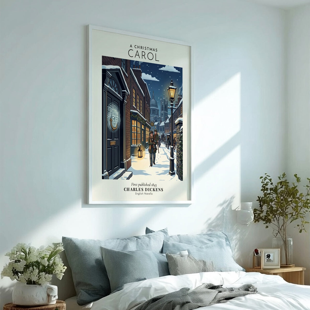 Poster featuring A Christmas Carol title with a snowy Victorian street and ghost knocker