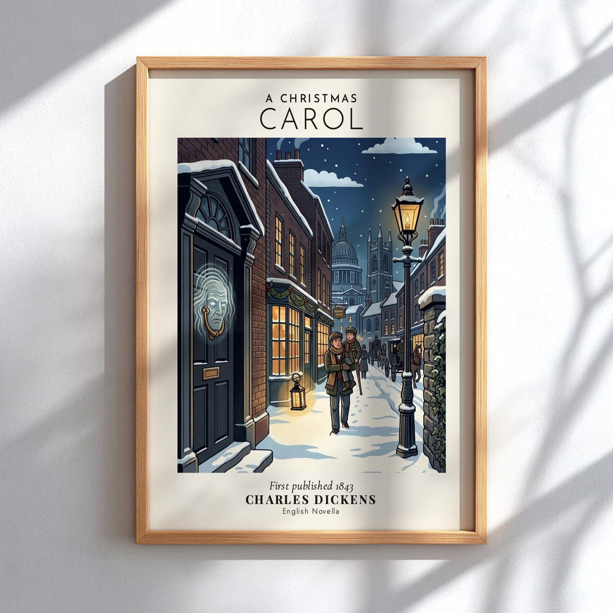 Poster featuring A Christmas Carol title with a snowy Victorian street and ghost knocker
