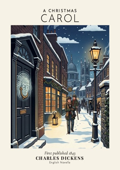 Poster featuring A Christmas Carol title with a snowy Victorian street and ghost knocker