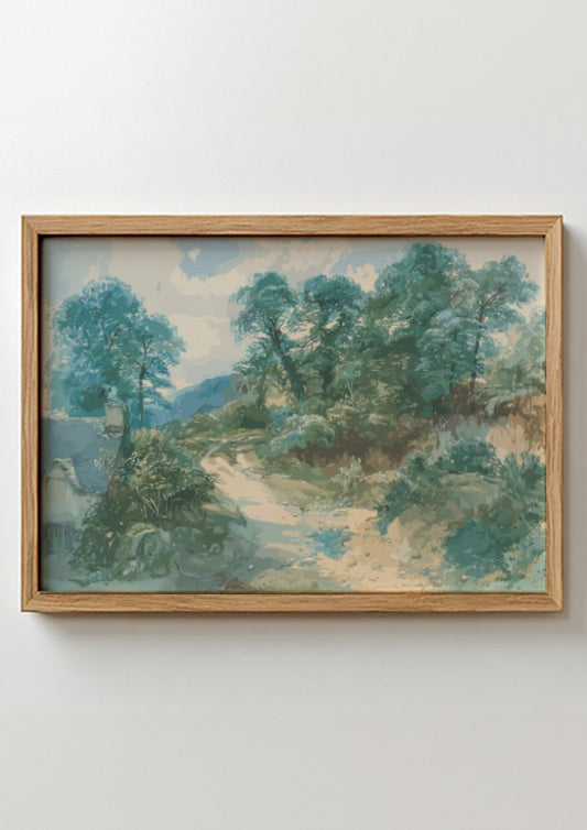 A Country Lane art print by John Middleton, featuring a serene landscape drawing with trees and a winding
