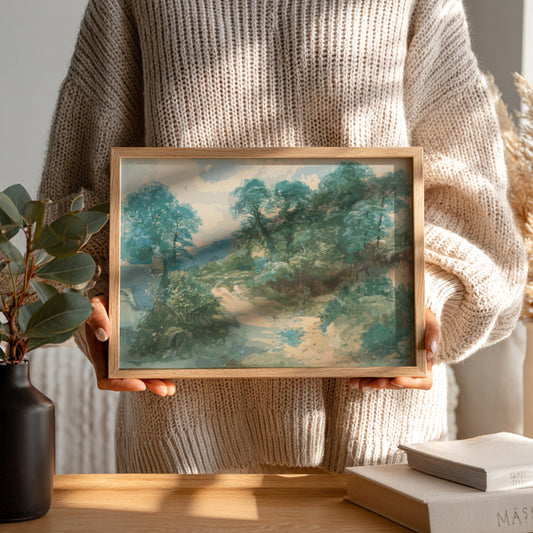 A Country Lane art print by John Middleton, featuring a serene landscape drawing with trees and a winding