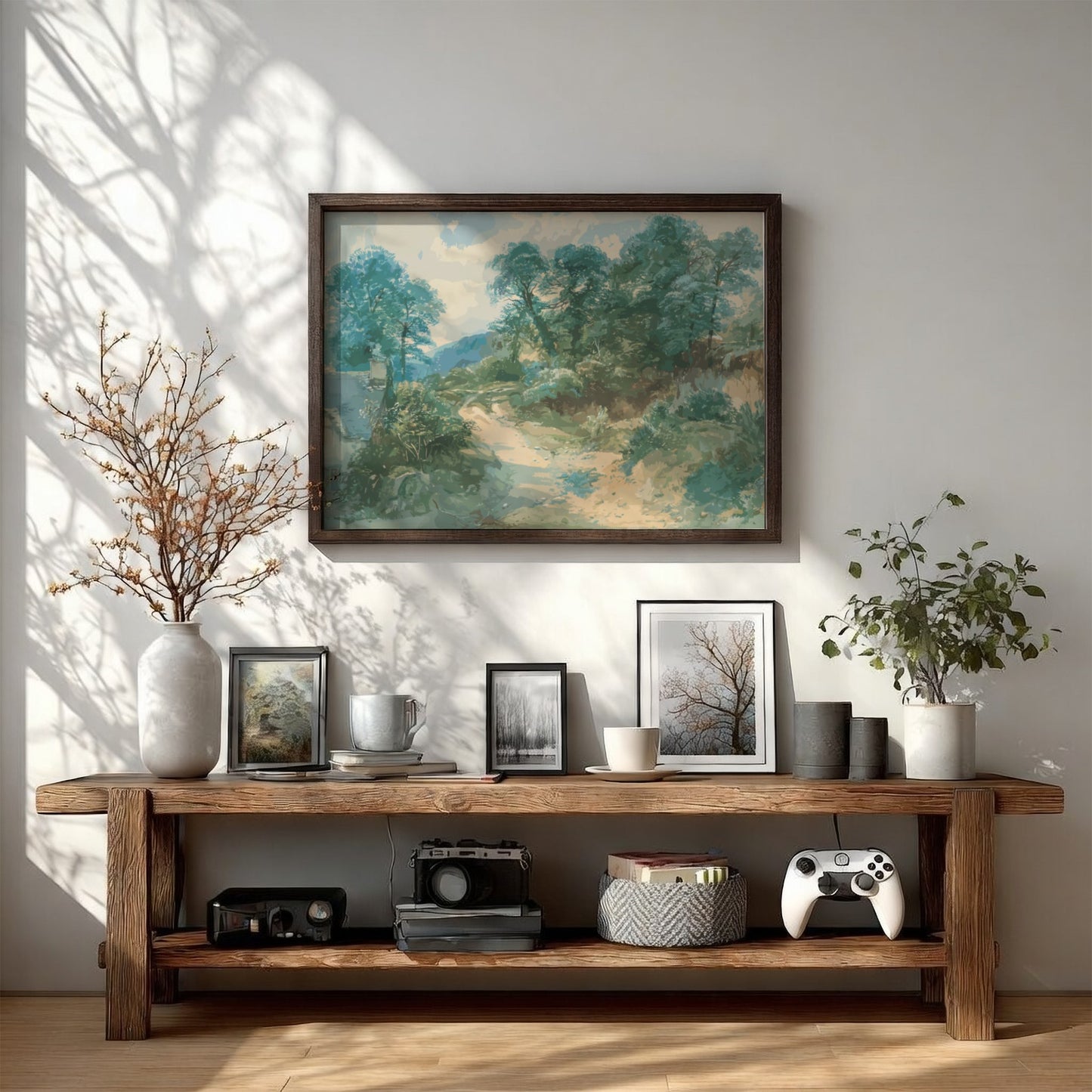 A Country Lane art print by John Middleton, featuring a serene landscape drawing with trees and a winding